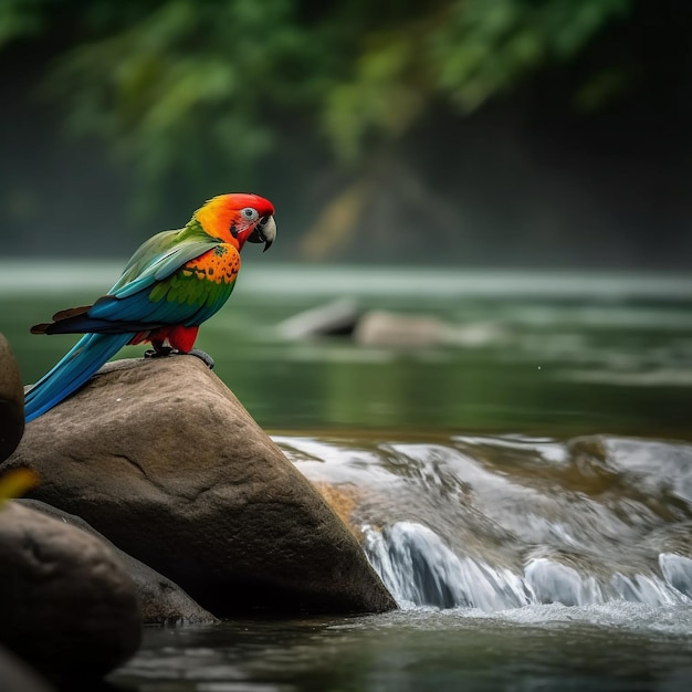 A colorful bird sits on a rock in a river.