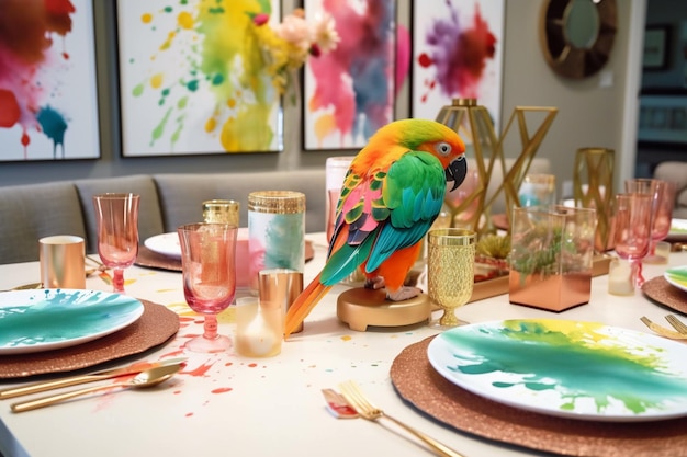 A colorful bird sits on a table with plates and plates on it.