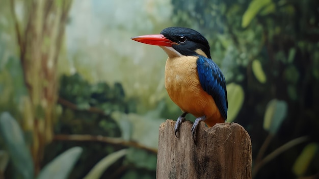 a colorful bird sits on a wooden post in front of a tropical forest