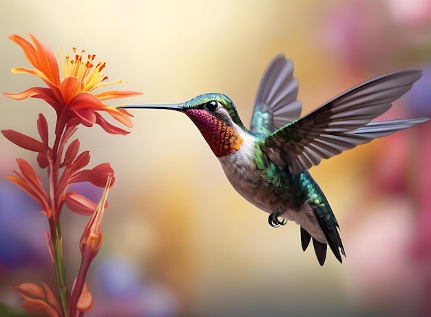 colorful bird sitting on colorful flowers branches