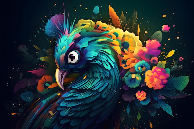 Colorful bird sitting on top of lush green field filled with flowers Generative AI