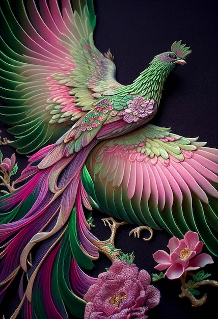 Colorful bird sitting on top of a purple flower generative ai