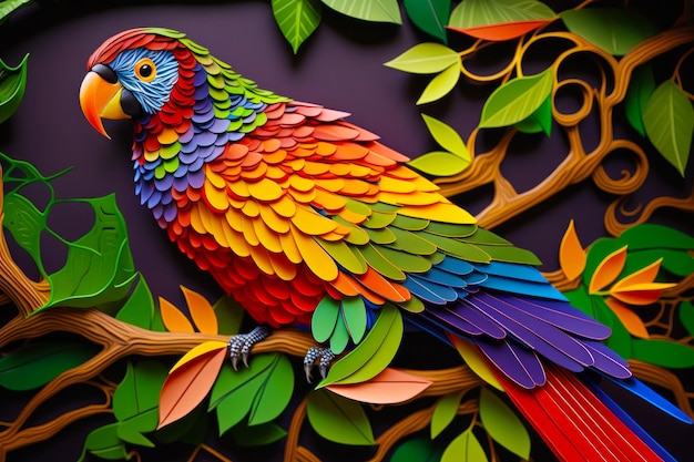 Colorful bird sitting on top of tree branch with leaves on it Generative AI