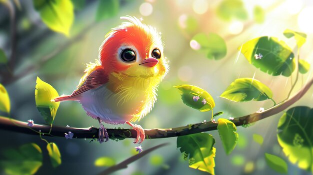 Photo a colorful bird with big eyes and a yellow flower in the background