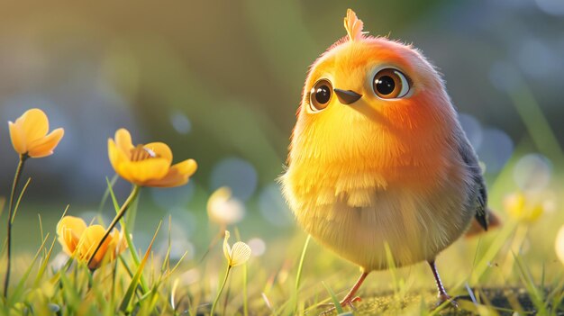 Photo a colorful bird with big eyes and a yellow flower in the background