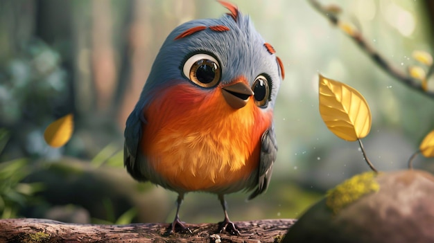 Photo a colorful bird with big eyes and a yellow flower in the background