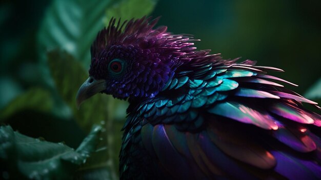 A colorful bird with a black beak and purple feathers