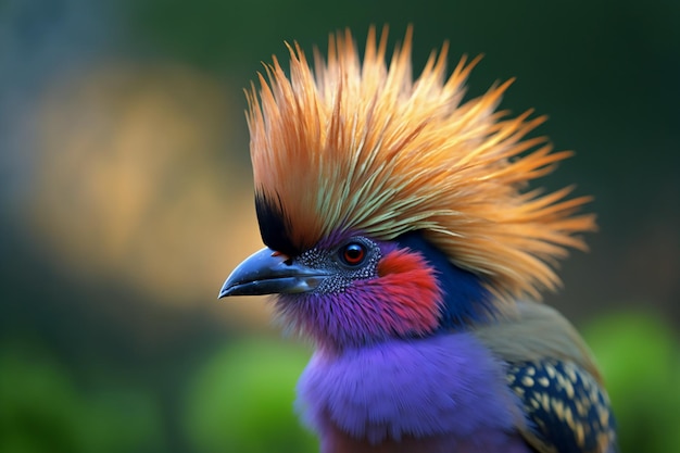 A colorful bird with a black beak and a red head is standing in front of a green background.