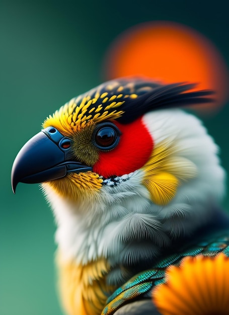 A colorful bird with a black beak and a yellow spot on the face.