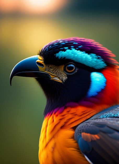 A colorful bird with a black beak and a yellow stripe on it.