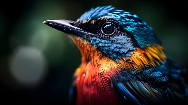 A colorful bird with a black head and blue eyes sits in a dark forest.