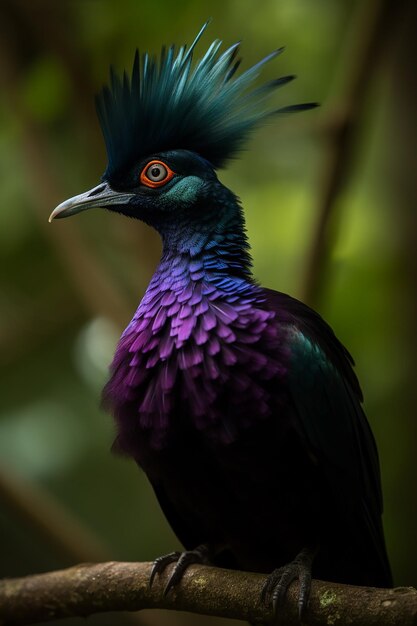 A colorful bird with a black head and purple feathers with a bright orange eye.