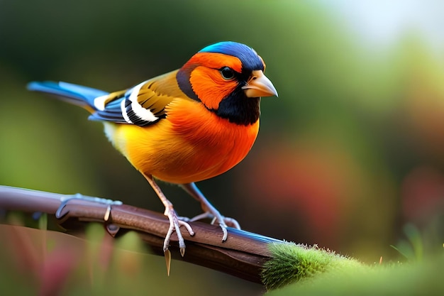 A colorful bird with a black and orange head and blue tail sits on a branch.