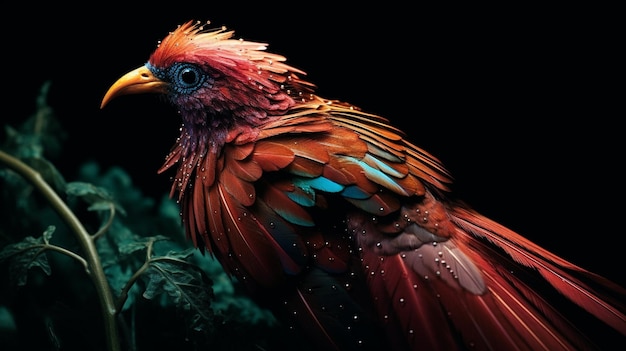 A colorful bird with blue feathers and a black background