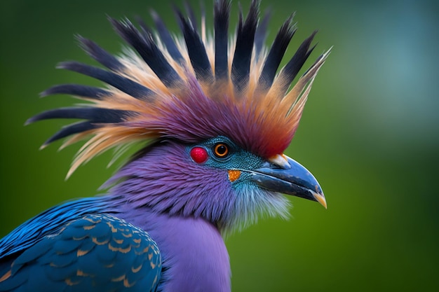 A colorful bird with a blue head and a black beak with a red eye.