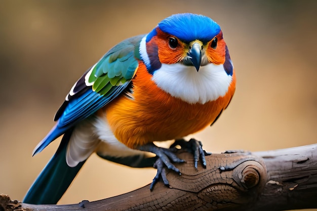 A colorful bird with a blue head and blue wings sits on a branch.