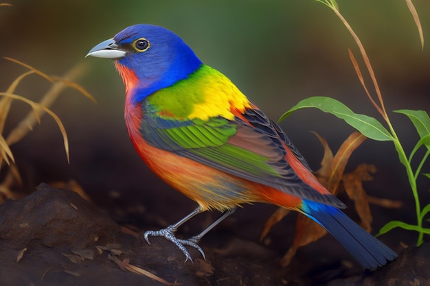 A colorful bird with a blue head and green wings sits on a branch.