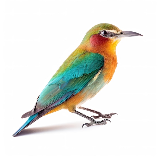 A colorful bird with a blue head and green wings sits on a white background.