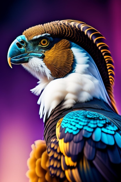 A colorful bird with a blue head and a yellow beak is standing in front of a purple background.