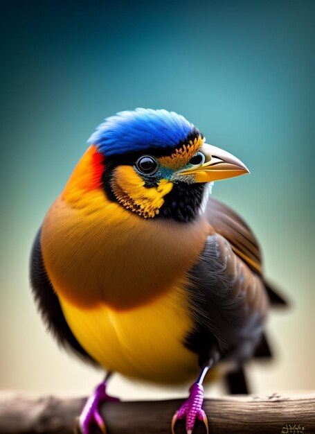 A colorful bird with a blue head and a yellow head.