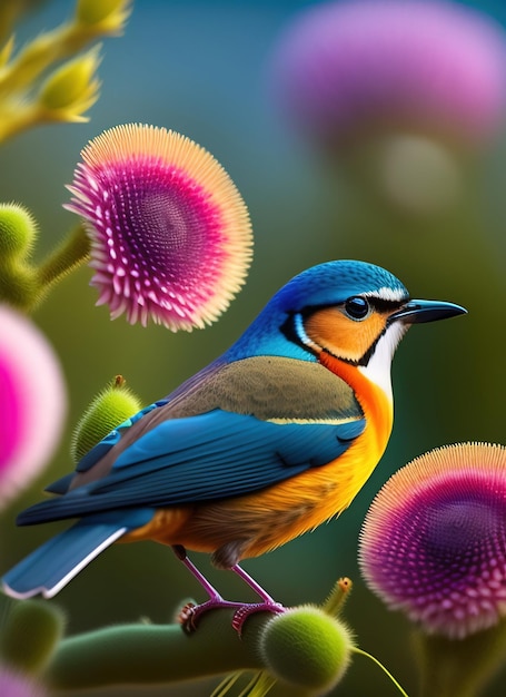 A colorful bird with a blue head and yellow wings sits on a branch with purple flowers.