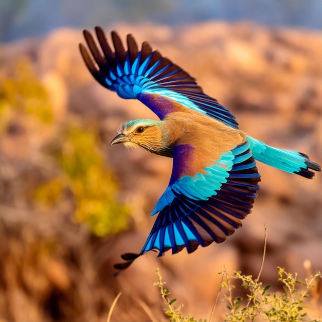 a colorful bird with blue and orange feathers is flying in the air