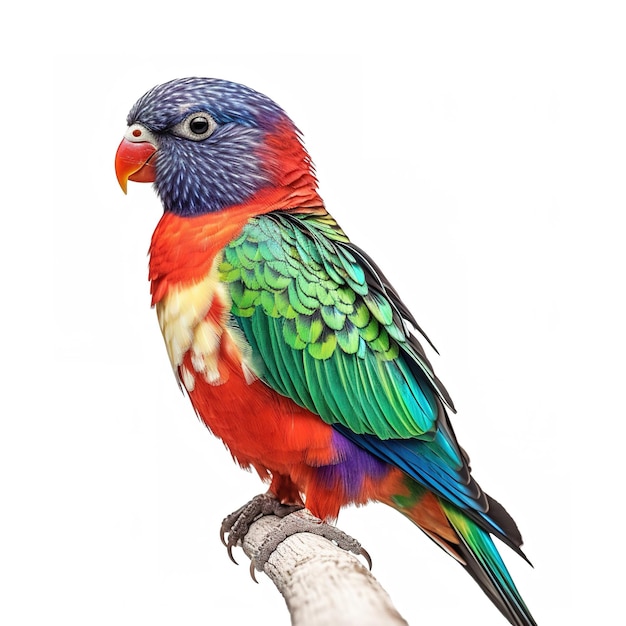 A colorful bird with a blue and red head and green feathers.