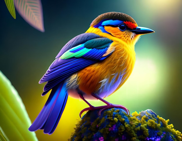 A colorful bird with blue and red on its head is sitting on a branch.