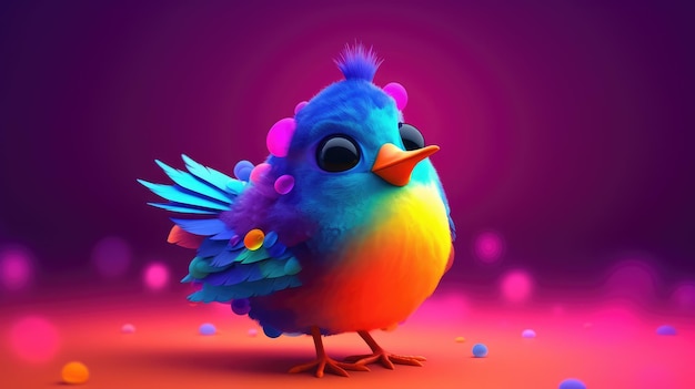 A colorful bird with a blue tail and black eyes is on a purple background.