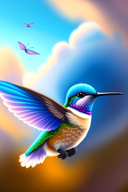 A colorful bird with a blue tail is flying in the sky