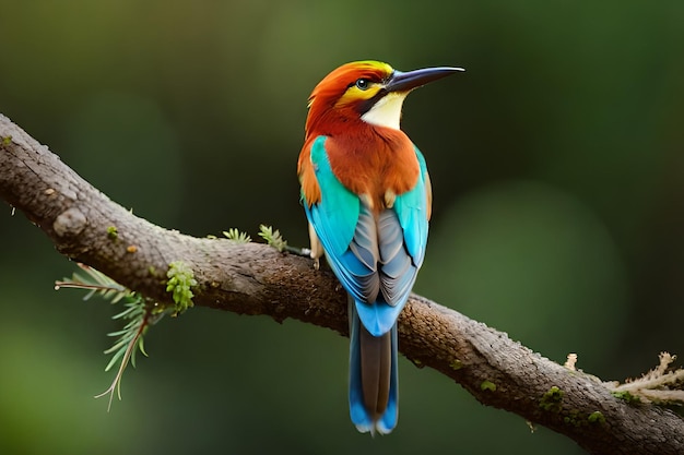 A colorful bird with blue wings sits on a branch.