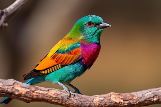 A colorful bird with a bright green head and red and blue feathers sits on a branch.