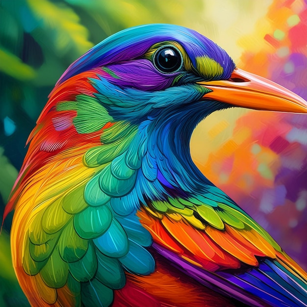 a colorful bird with a colorful background of the rainbow