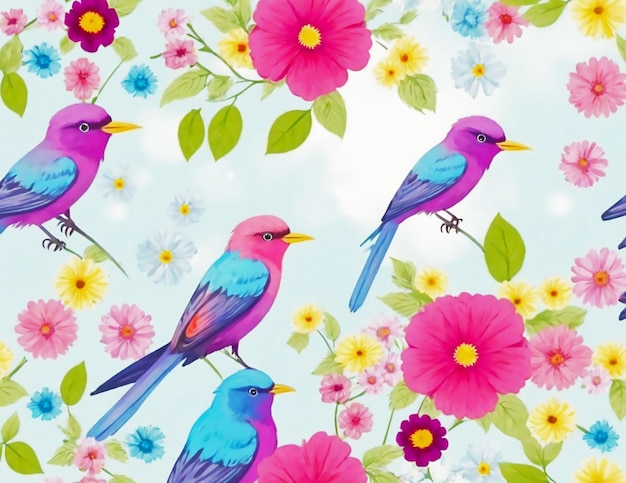 Photo a colorful bird with a colorful background with flowers and birds painted on it