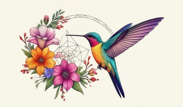 Photo a colorful bird with a colorful head and a frame with flowers and a bird