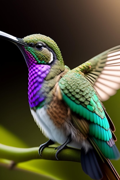 A colorful bird with green, purple, and blue feathers is sitting on a branch.