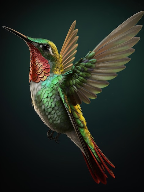 A colorful bird with green, red, and gold wings.