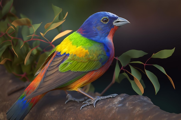 A colorful bird with green wings sits on a branch.