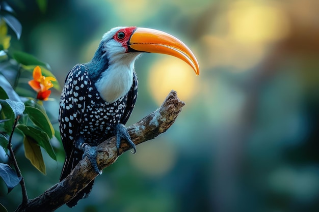 A colorful bird with a large beak perched on a branch amidst a lush background