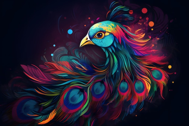 Colorful bird with long feathers on dark background with bubbles and bubbles Generative AI