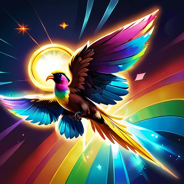 a colorful bird with a rainbow in the sky