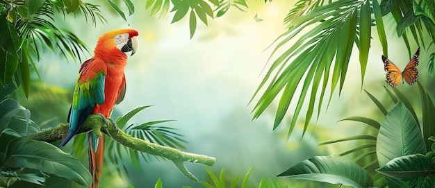 a colorful bird with a red beak sits on a branch in the jungle