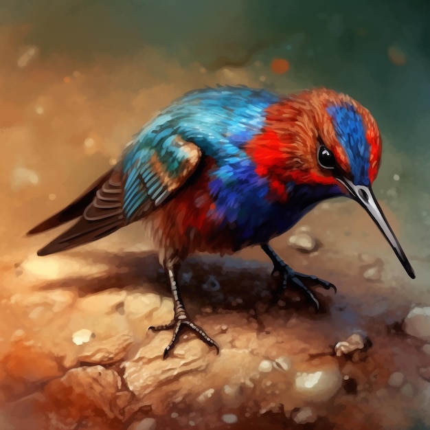 a colorful bird with a red and blue head and a red and blue body.