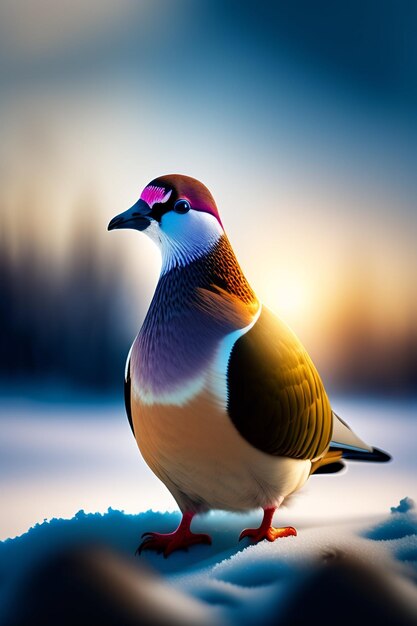 A colorful bird with red eyes stands in the snow.