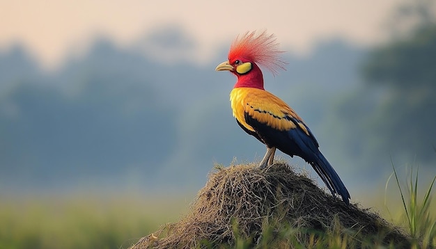 Photo a colorful bird with a red head and yellow feathers on its head