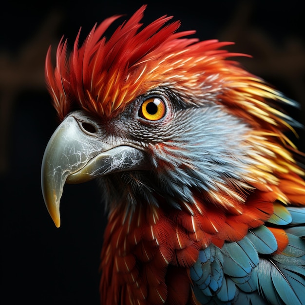 a colorful bird with a red mohawk and a yellow eye