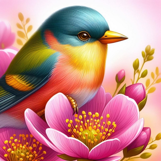 A colorful bird with a yellow beak sits on a pink flower