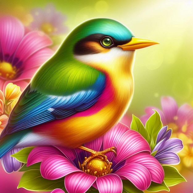 A colorful bird with a yellow beak sits on a pink flower