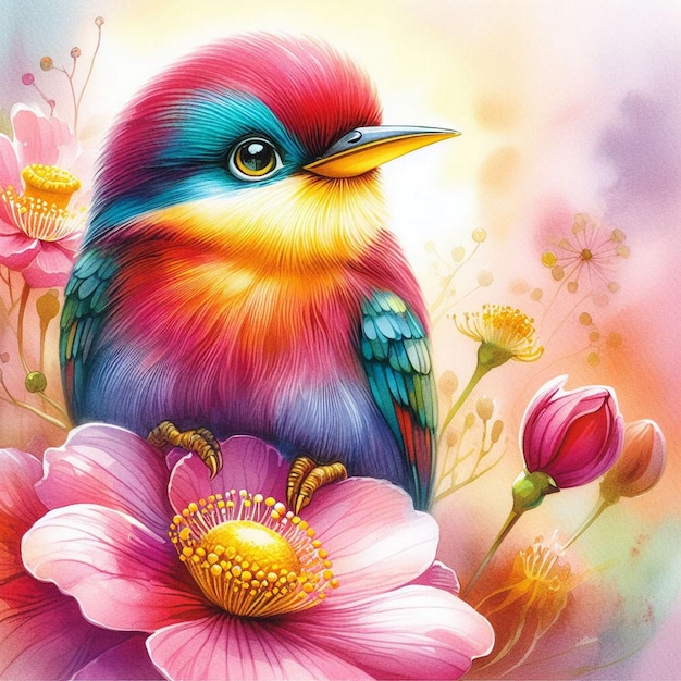 A colorful bird with a yellow beak sits on a pink flower