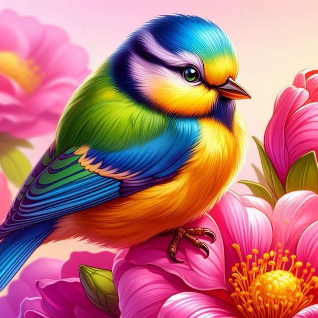 A colorful bird with a yellow beak sits on a pink flower